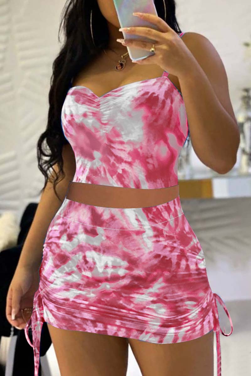 Sexy Casual Print Tie Dye Backless Spaghetti Strap Sleeveless Two Pieces