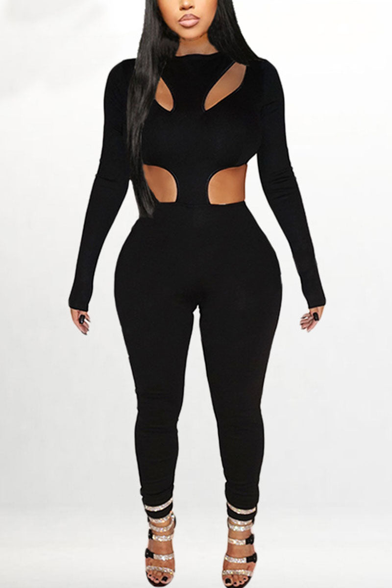 Fashion Solid Hollowed Out O Neck Jumpsuits
