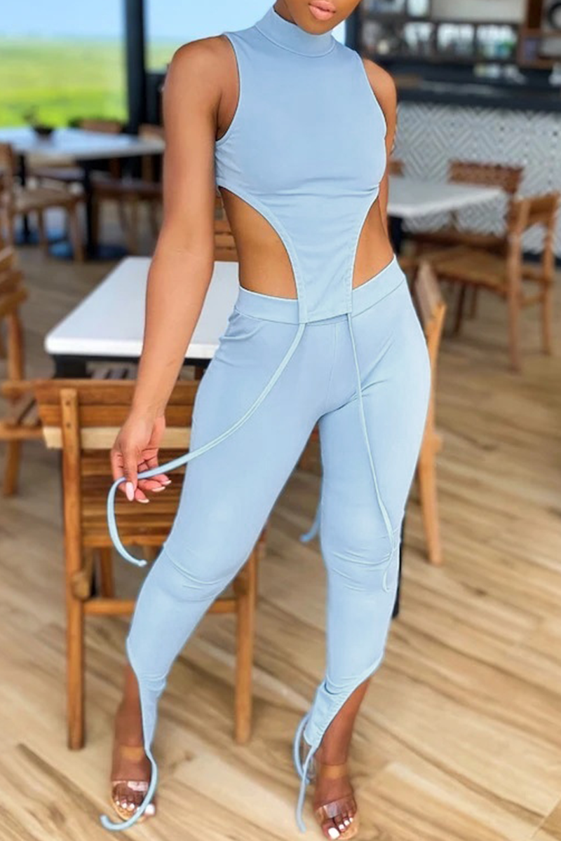 Sexy Solid Split Joint Turtleneck Sleeveless Two Pieces