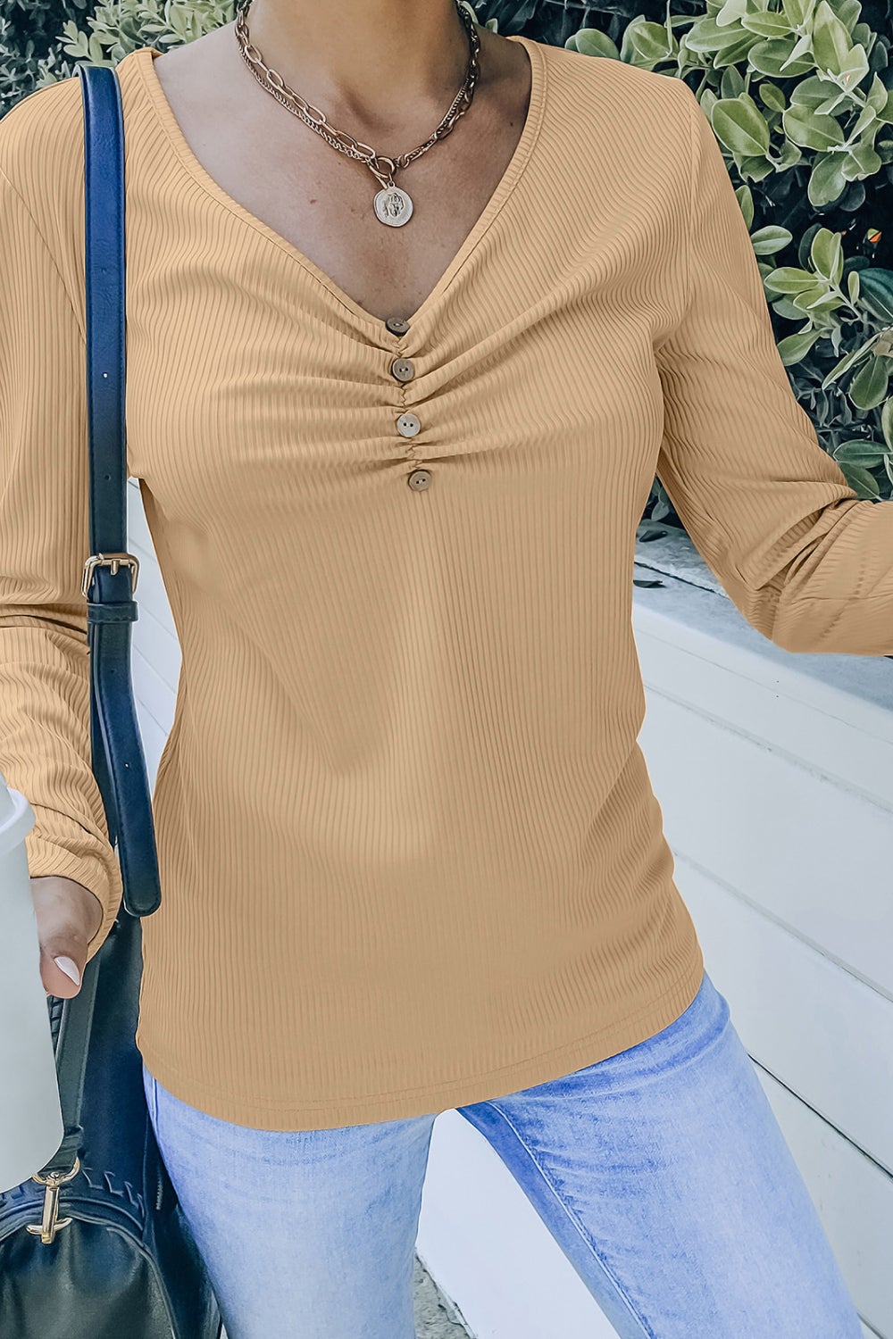 ruched button trim v neck top