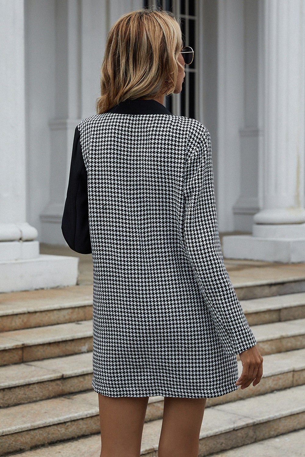 contrast houndstooth double breasted blazer dress