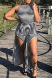 Fashion Sexy Striped Print Slit O Neck Regular Jumpsuits