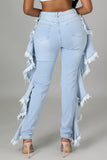 Street Solid Tassel Ripped Make Old Split Joint Flounce High Waist Skinny Denim Jeans