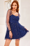 star print mesh sleeve mini tulle dress