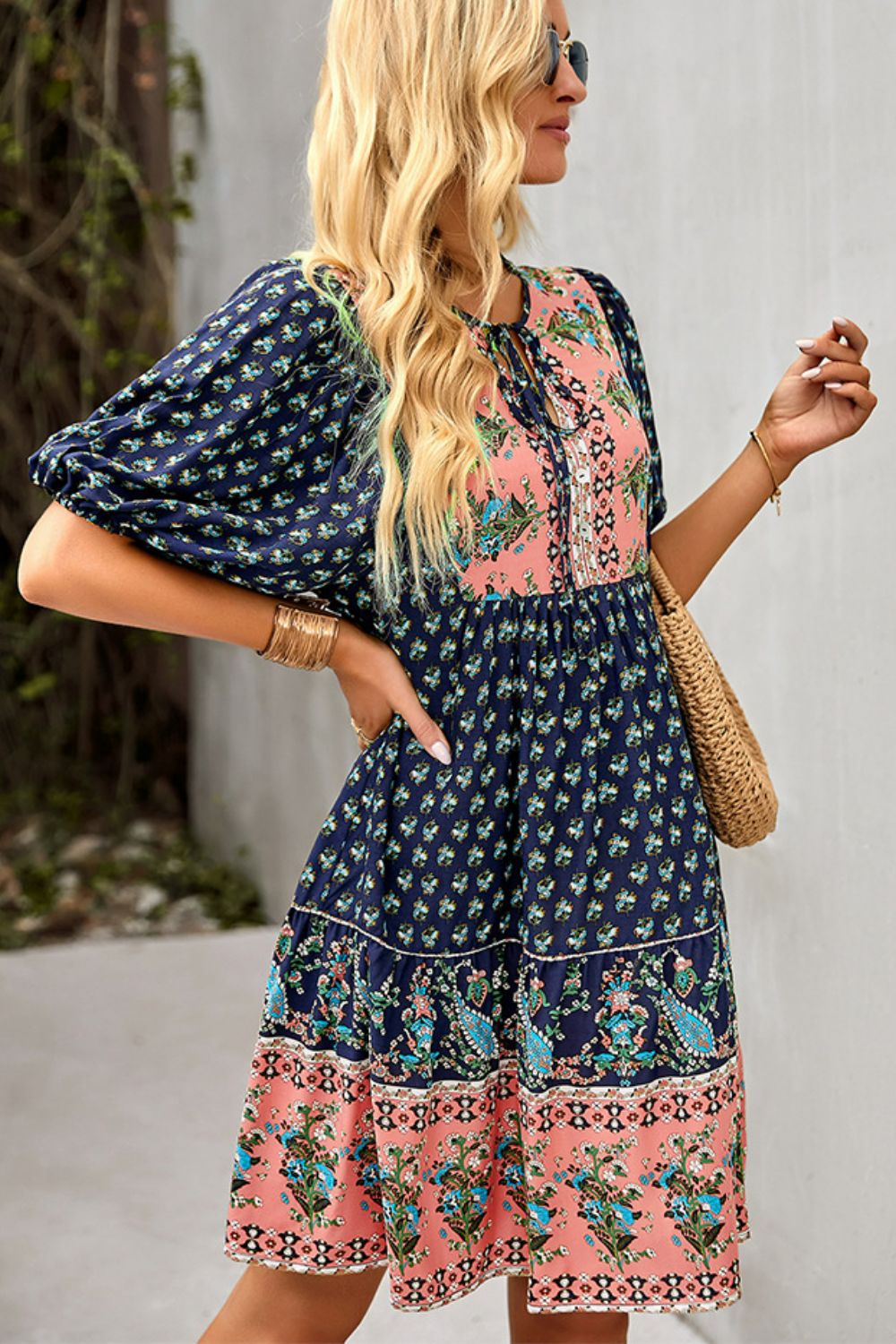 bohemian tie neck dress with decorative buttons