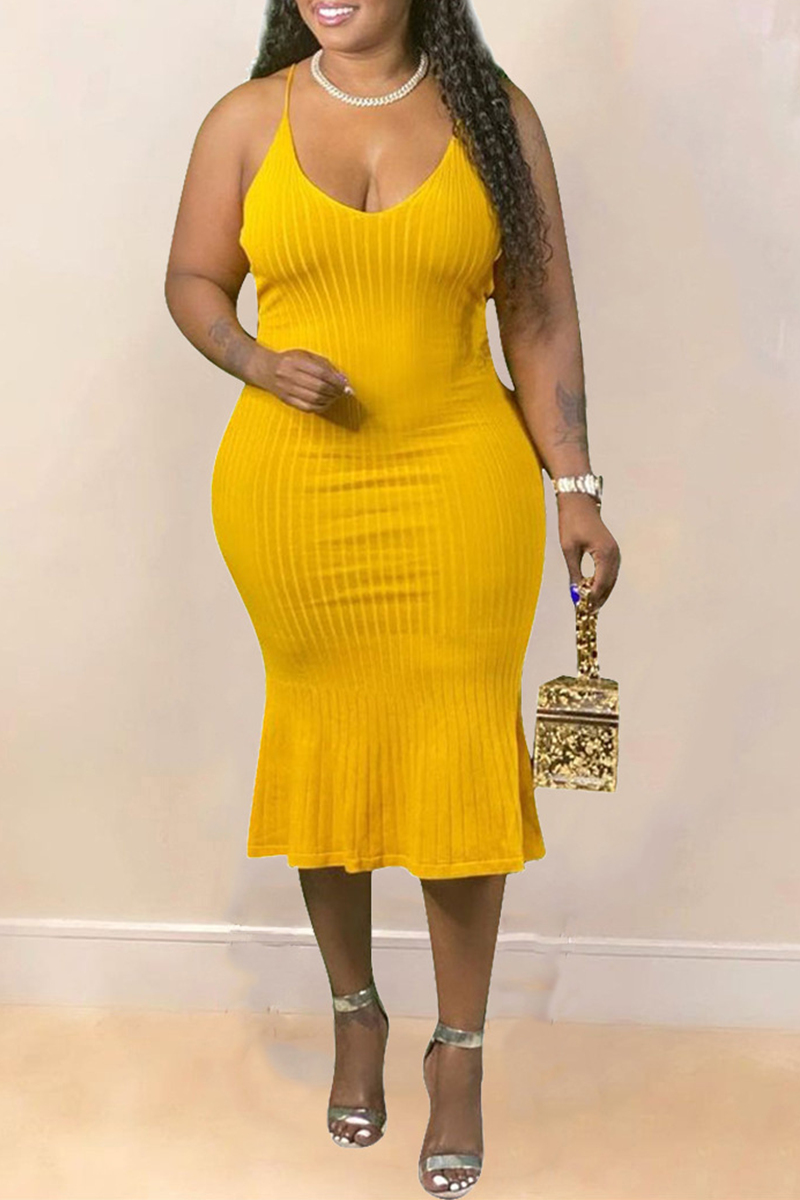 Sexy Solid Split Joint Spaghetti Strap Pencil Skirt Plus Size Dresses