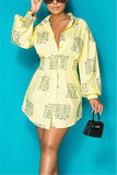 Fashion Regular Sleeve Long Sleeve Turndown Collar Shirt Dress Mini Print Dresses
