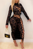 Sexy Solid Bandage Hollowed Out Split Joint See-through O Neck Pencil Skirt Dresses