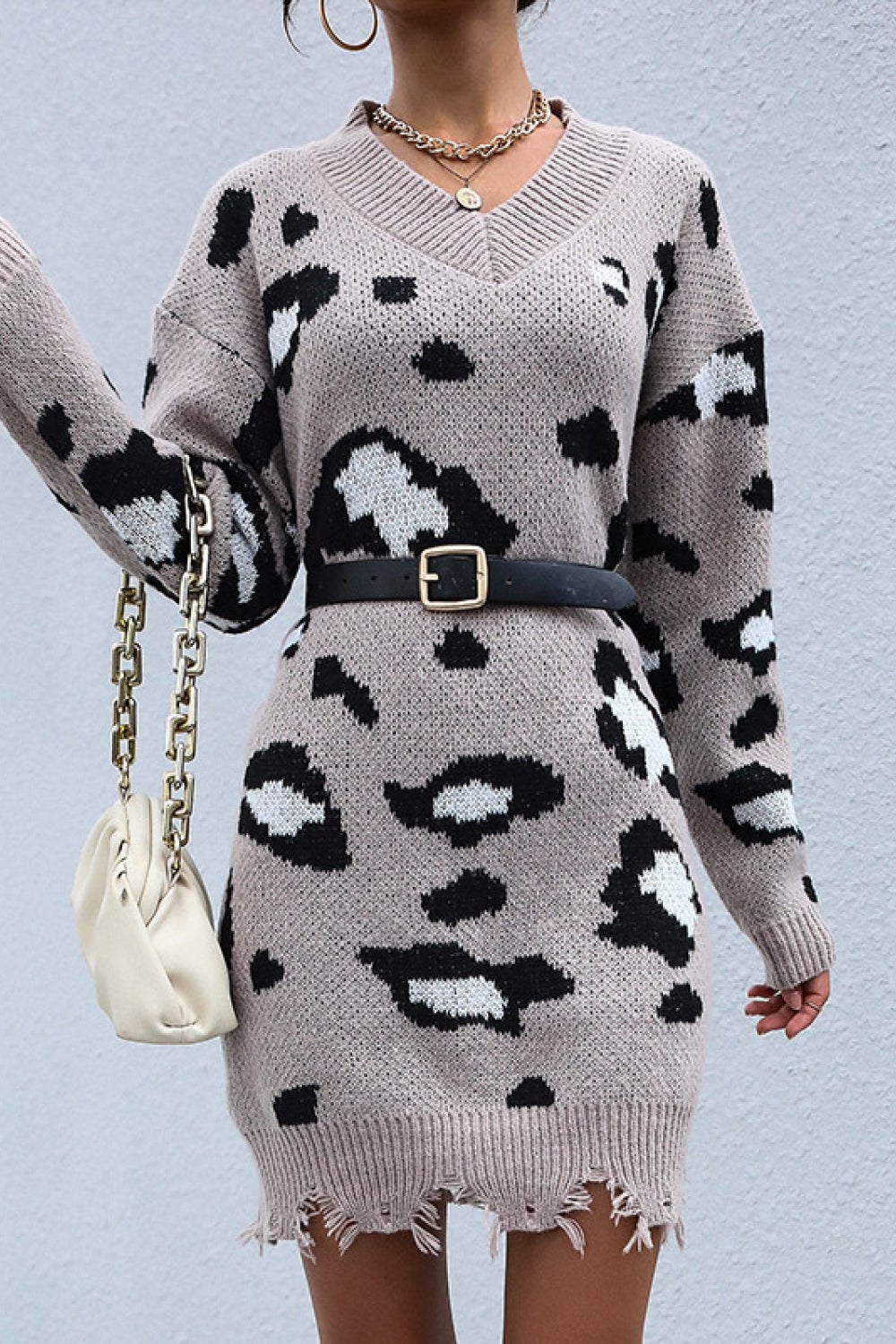 leopard print drop shoulder sweater dress
