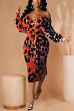 Sexy Adult Polyester Print Leopard Backless Strapless Long Sleeve Mid Calf Pencil Skirt Dresses