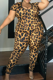 Sexy Leopard Split Joint V Neck Plus Size Jumpsuits