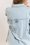 pol star patch distressed fringe button up denim jacket in light denim