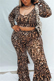 Fashion Casual O Neck Long Sleeve One Shoulder Leopard Print Plus Size Set