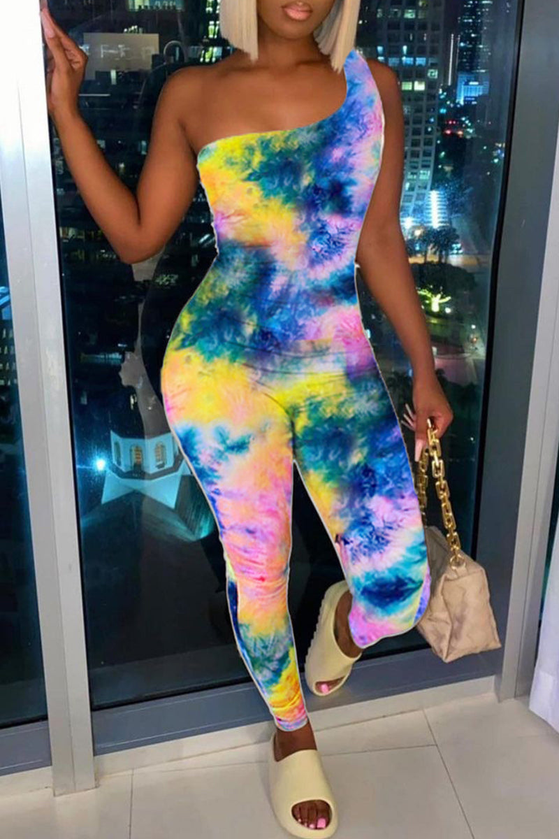 Sexy Casual Tie Dye Printing One Shoulder Skinny Jumpsuits