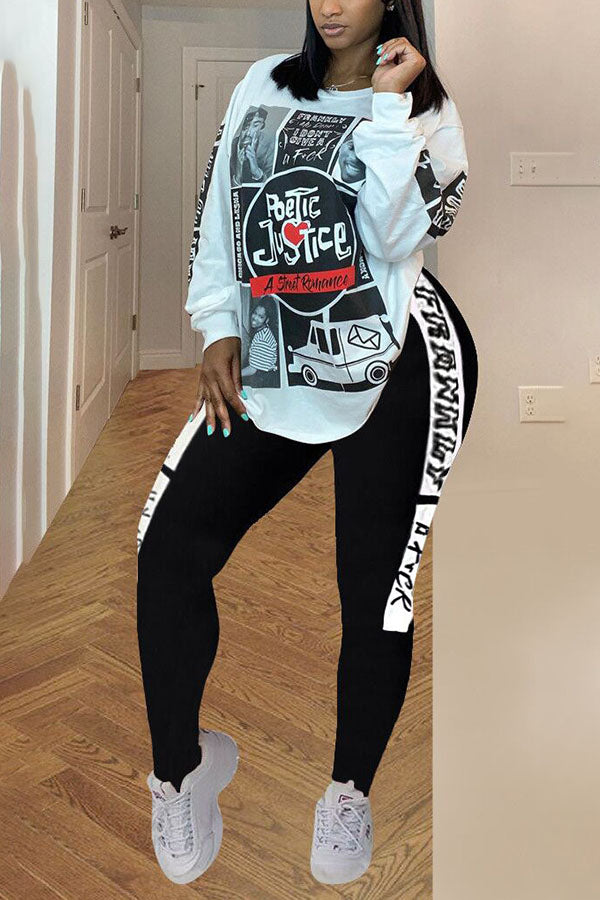knit Casual Letter Print Newspaper pencil Long Sleeve Two Pieces
