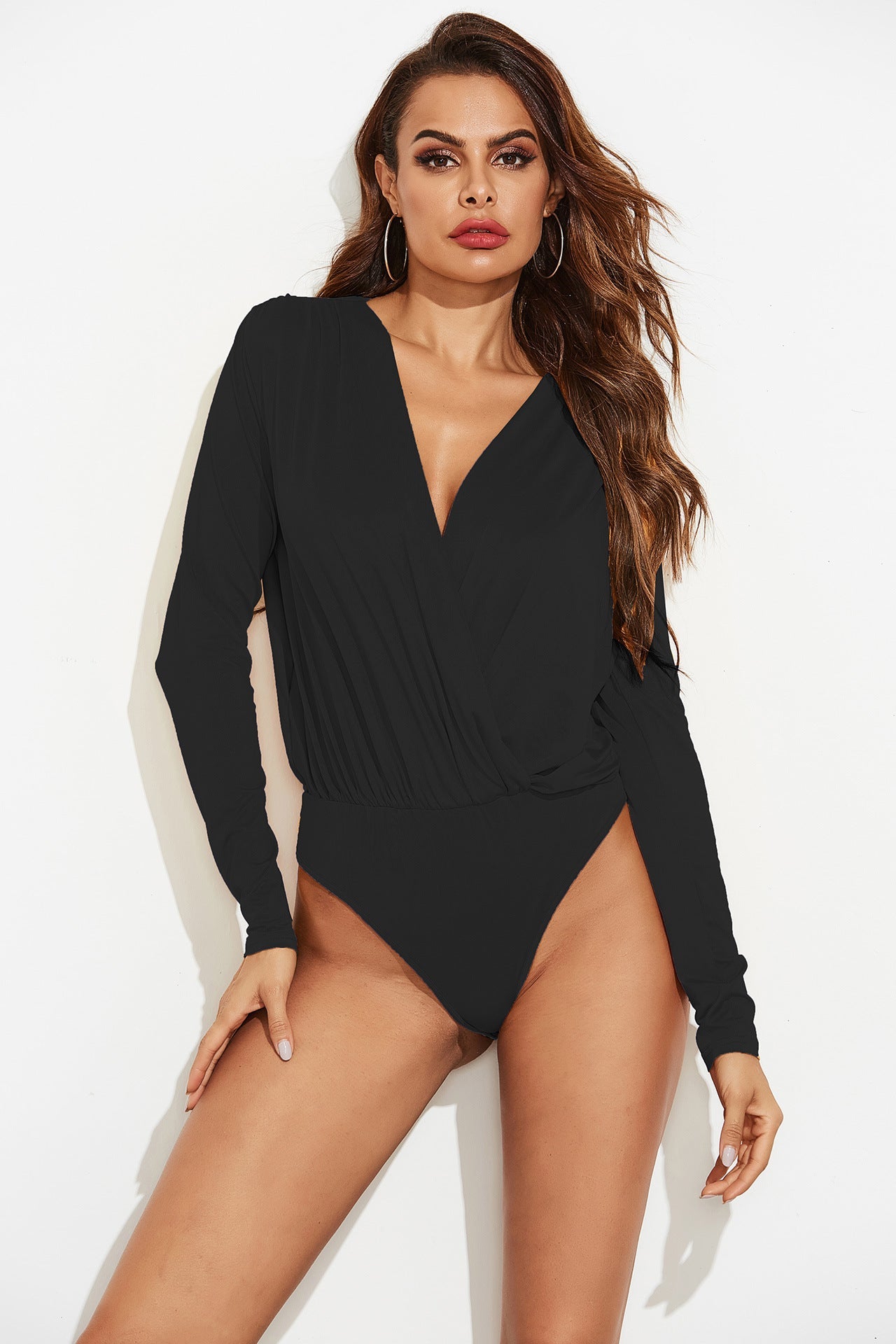 ruched surplice neck solid t string bodysuit
