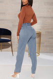 Fashion Casual Solid Basic High Waist Regular Jeans