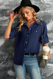 button up collared neck roll tab sleeve shirt