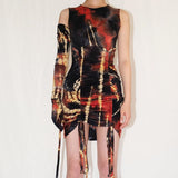 multi tie dye ruched shirred with gloves mini dress