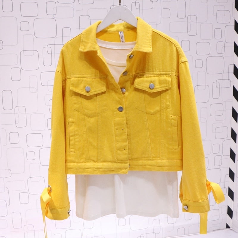 candy color solid bow denim jackets