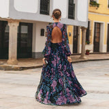 long sleeve backless floral embroidery maxi dress