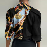printed skew collar blouse