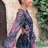 long sleeve backless floral embroidery maxi dress