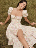 puff sleeve floral high slit maxi dress