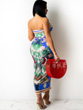 multi color print crop top ruched skirt set