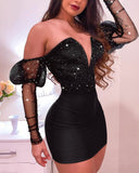 off shoulder splicing glittery party dress