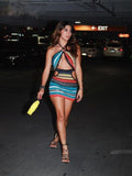 multicolor striped halter hollow out party dress