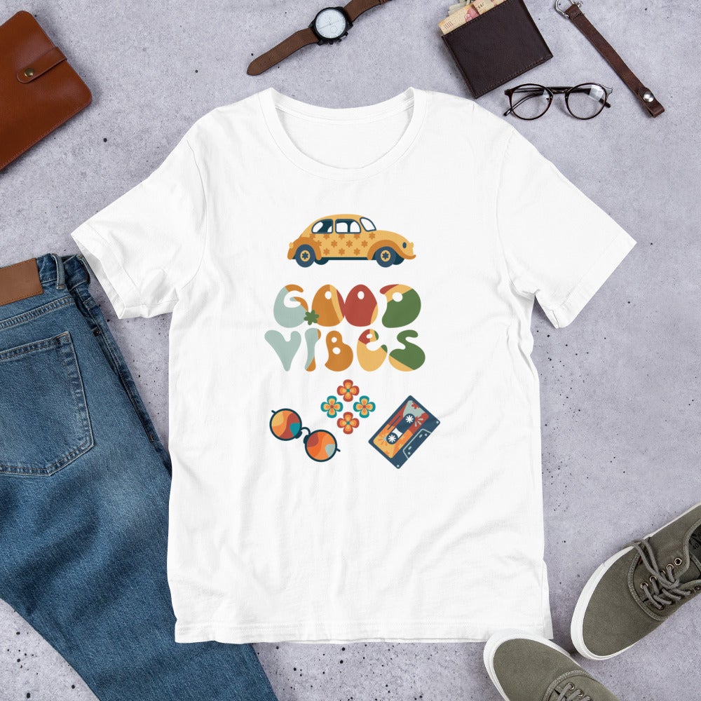 60s bugs cassettes and glasses good vibes t shirt